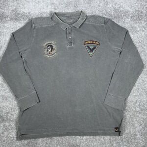 Kaporal Jeans Polo‎ Shirt Men's XL Gray Army Long Sleeve Patches Skull Military